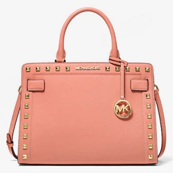 MICHAEL KORS CORAL PINK BAG WALLET CROSSBODY SET RAYNE STUDDED SAFFIANO LEATHER - Picture 3 of 16